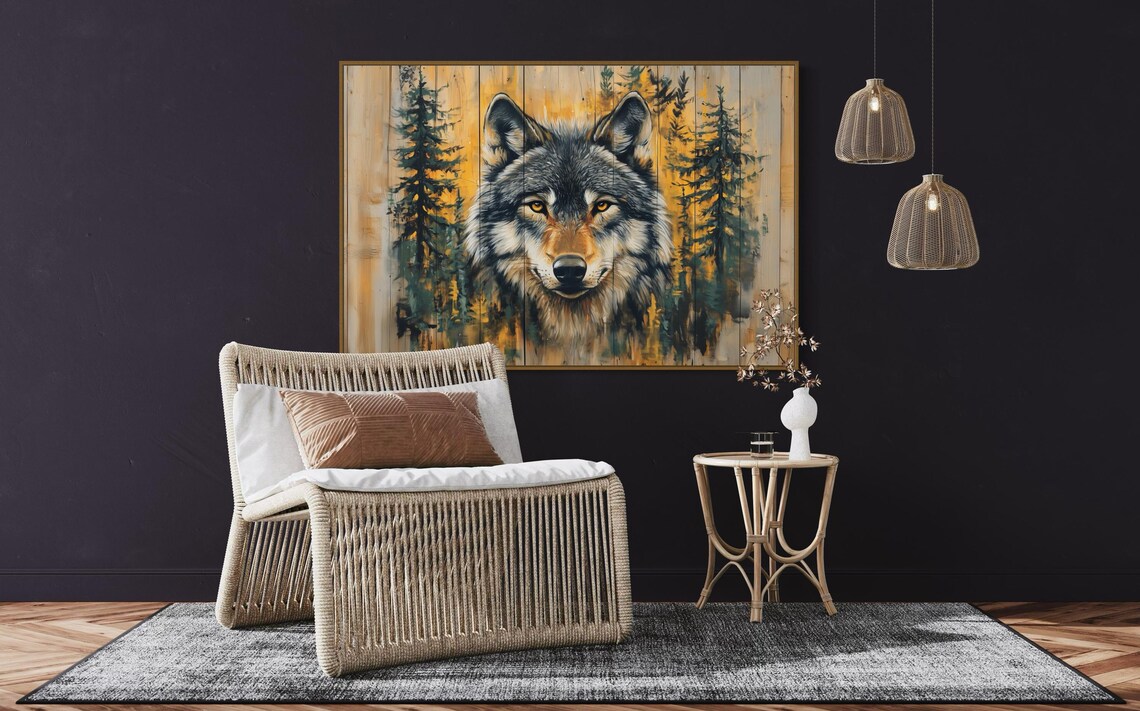Bold Wolf Face Golden Forest Wooden Plank Wilderness Wildlife Rustic Wall Poster - Image 2