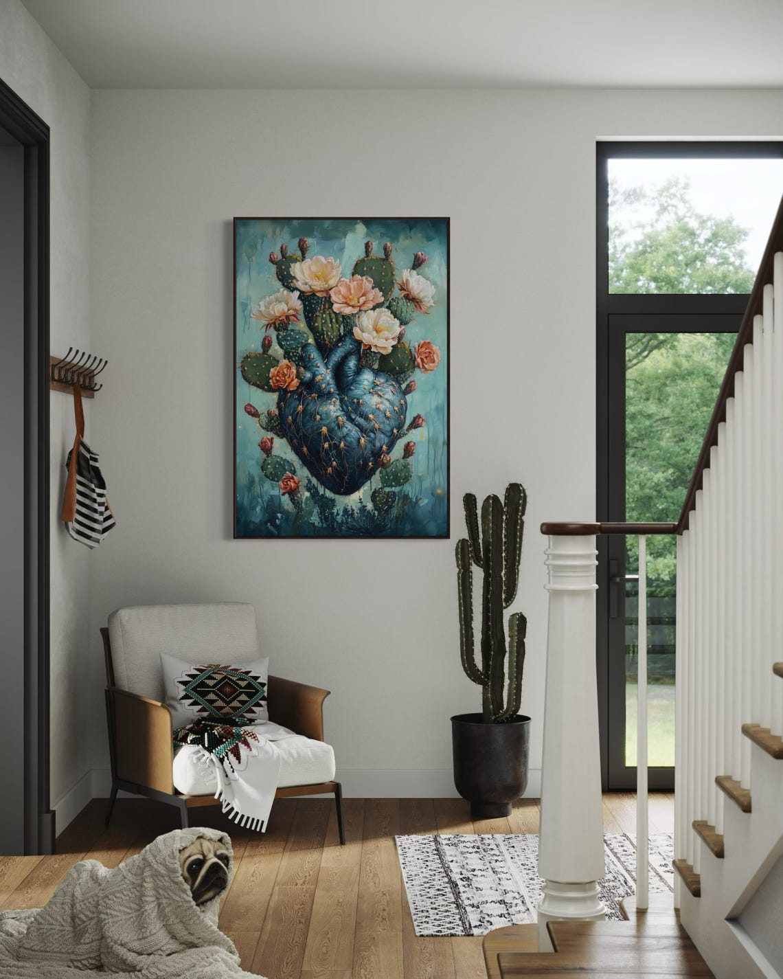 Heart Shaped Blooming Cactus Teal Botanical Desert Floral Art Poster - Image 4