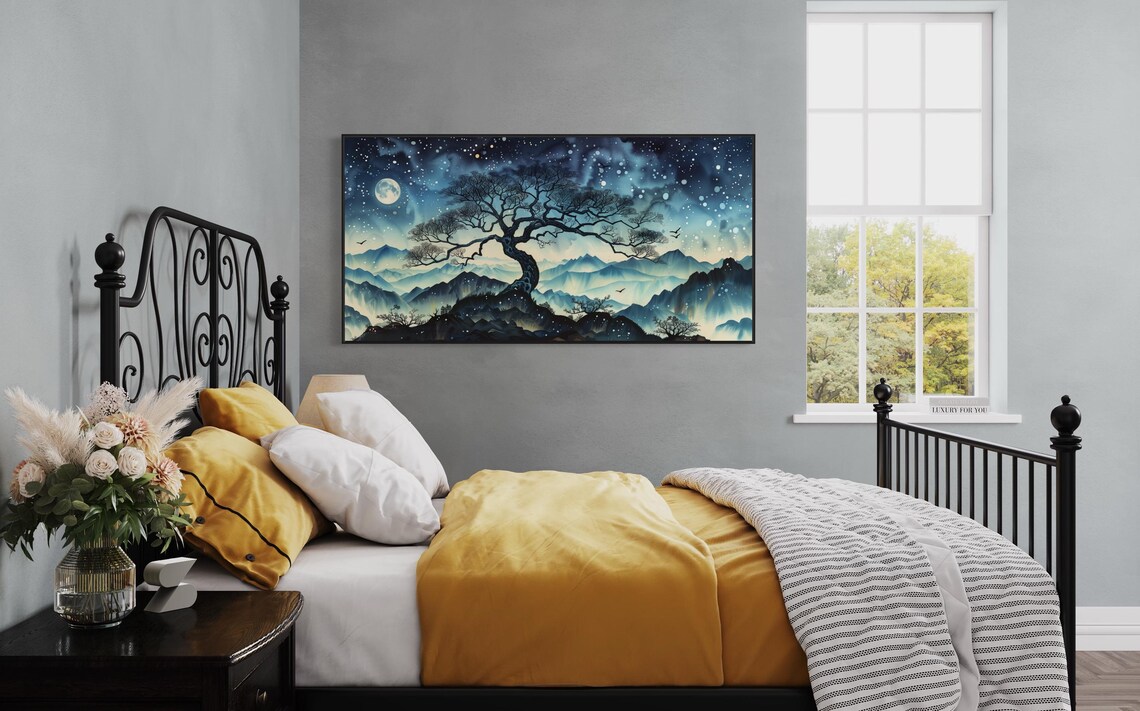 Dreamy Moonlit Landscape Atmospheric Celestial Painting Print With Old Oak Tree Modern Mountain Art For Above Bed Decor Panoramic Print - Image 2