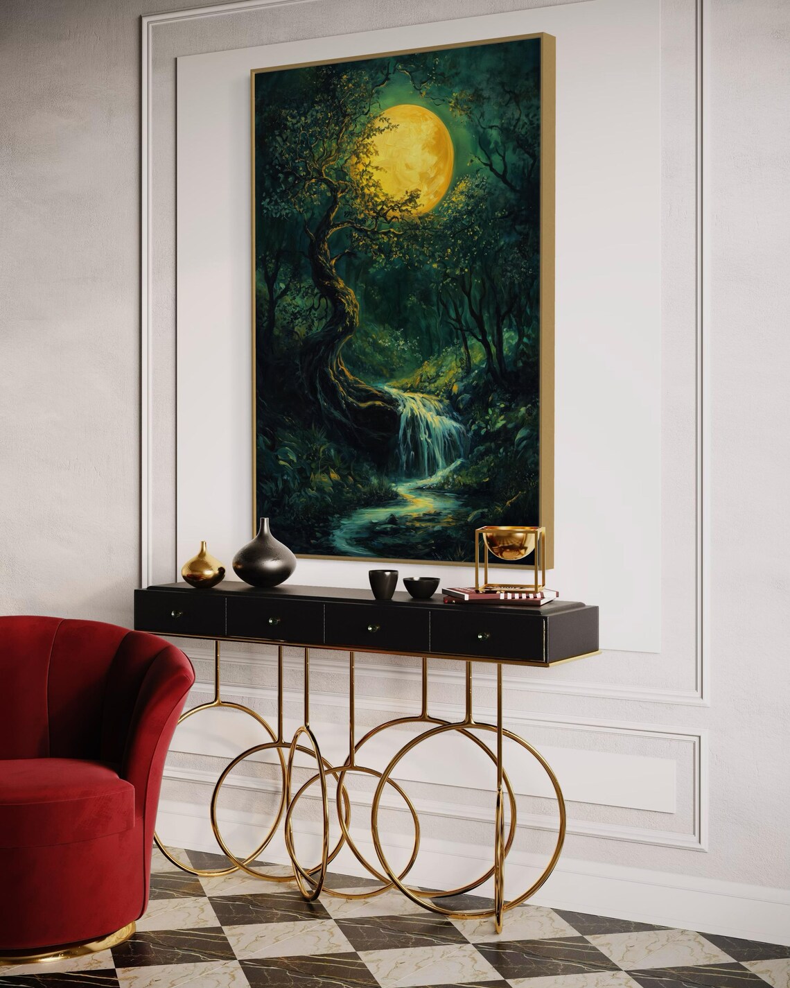 Enchanted Moonlit Forest Wall Art Mystical Full Moon Print With Waterfall Atmospheric Gothic Forest Art And Calming Night Sky Art - Image 5