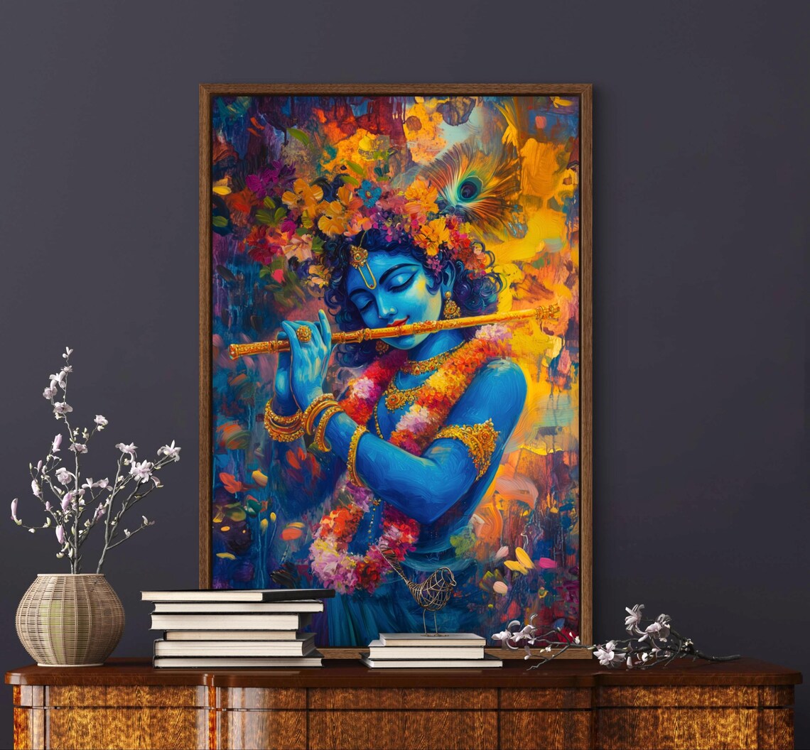 Lord Krishna Hindu God Painting Print With Flute - Image 3