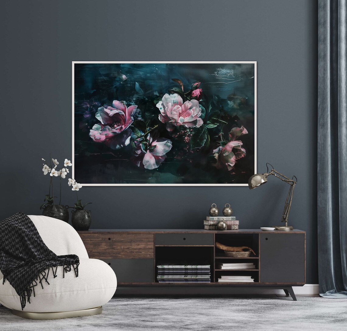 Dark Baroque Roses Pink Blooms Moody Floral Still Life Wall Art - Image 3