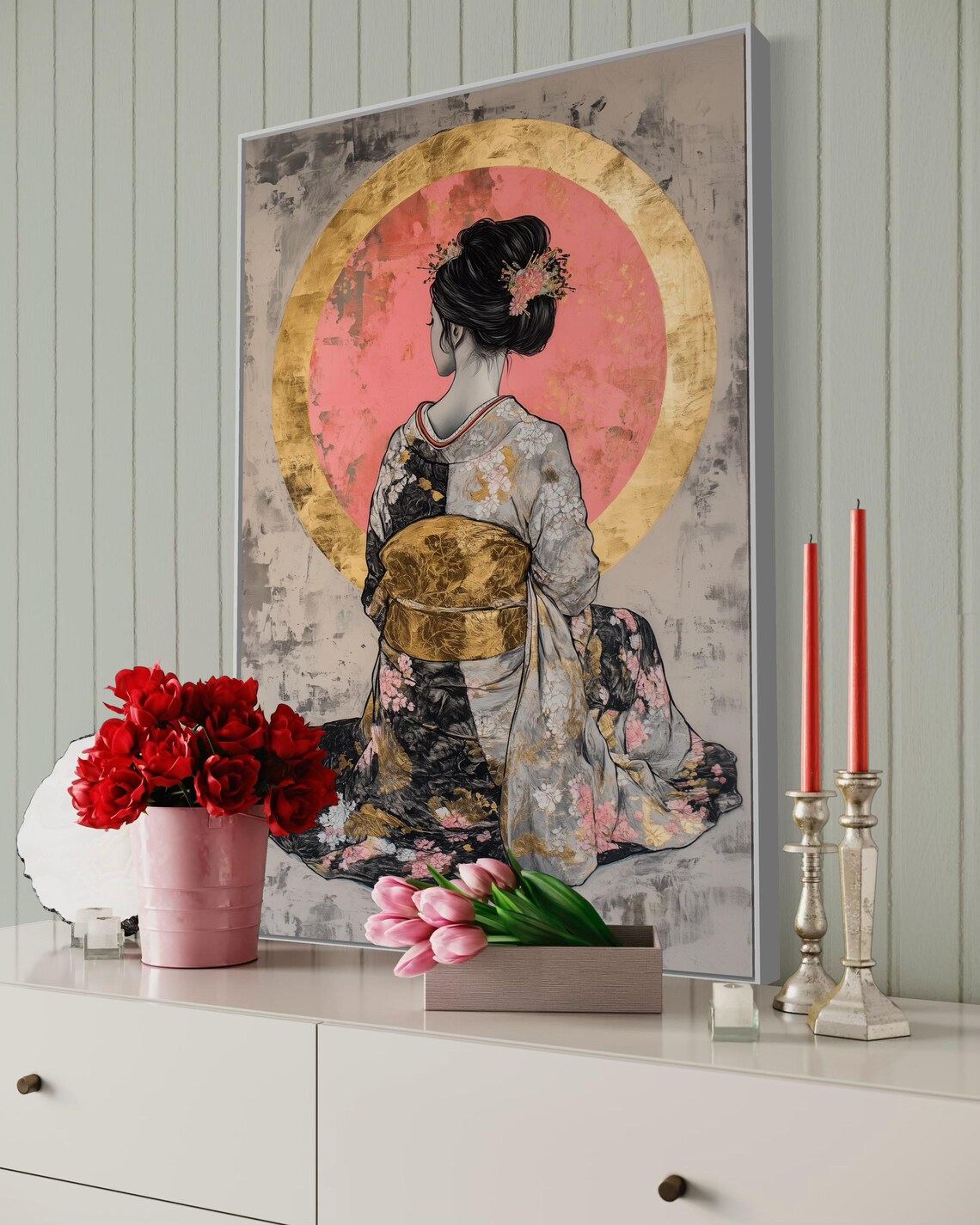 Japanese Geisha Moon Floral Living Room Art Print - Image 3