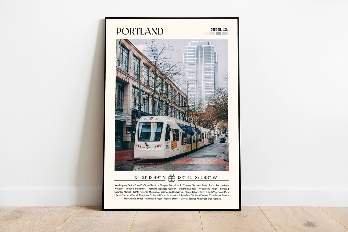 Portland Oregon Downtown Streetcar on City Street Photo Poster