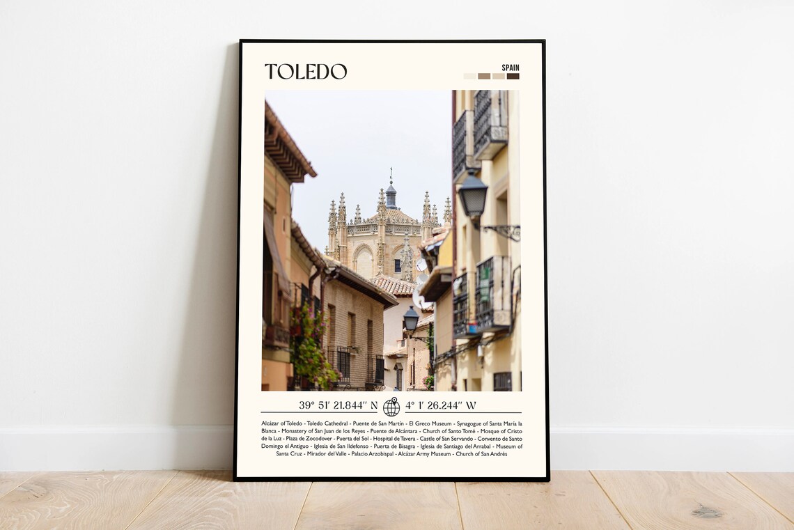 Toledo Spain Minimalist Photo Travel Poster with Landmarks List