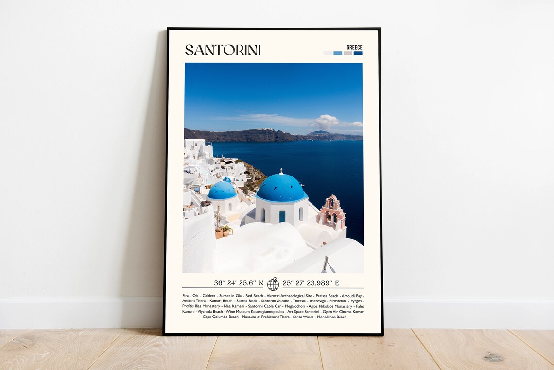 Santorini Greece Blue Domed Churches Aegean Sea Photo Travel Poster