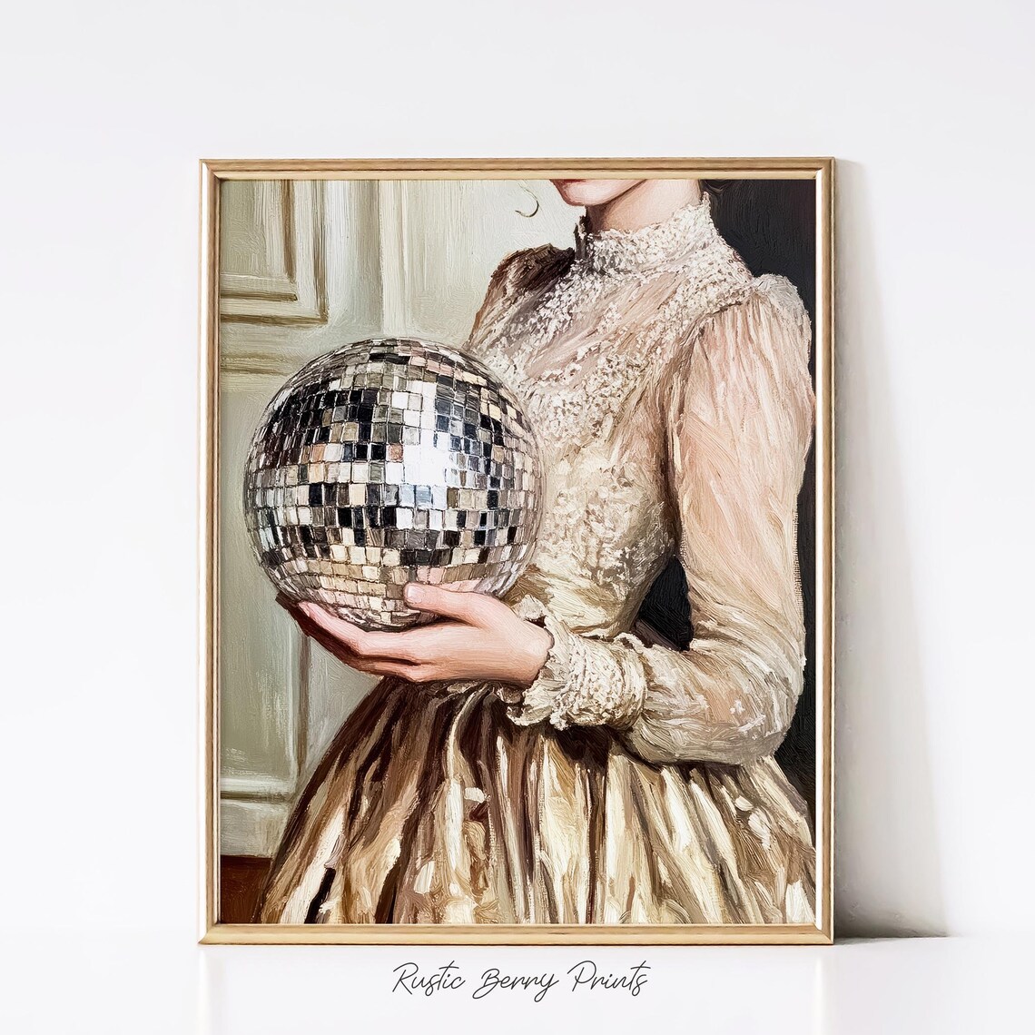 Victorian Lady Beige Lace Dress Holding Disco Ball Art Print