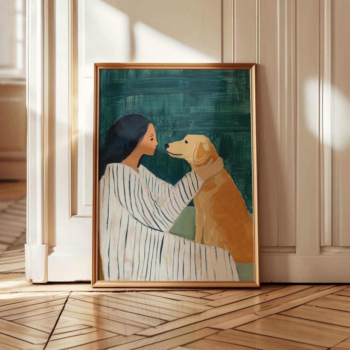 Painterly Woman Embracing Golden Dog Warm Heartfelt Art Poster