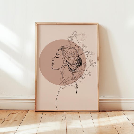 Minimalist Printable Female Line Art Modern Boho Wall Decor Neutral Scandinavian Style Artistic Woman Profile With Floral Accents