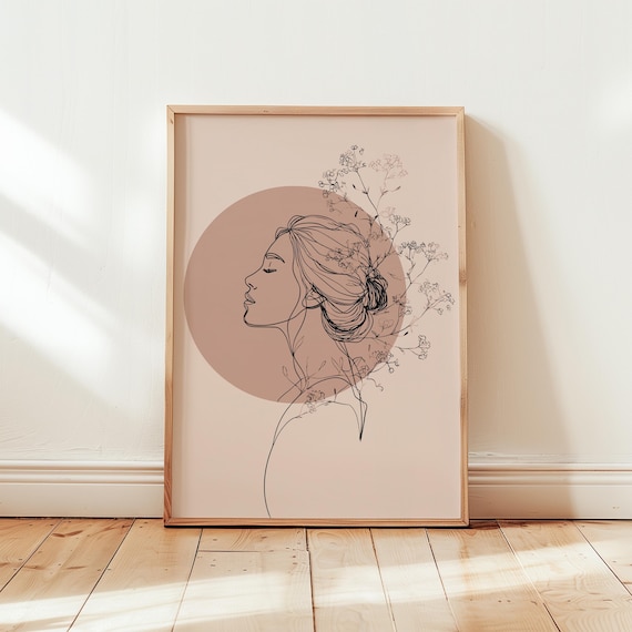 Minimalist Woman Profile Line Art With Flowers And Circle Backdrop Poster
