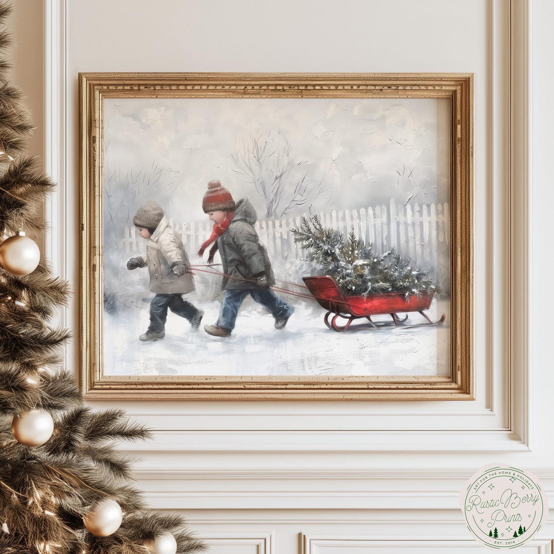 Children Pulling Red Sled with Christmas Tree Snow Vintage Art Poster