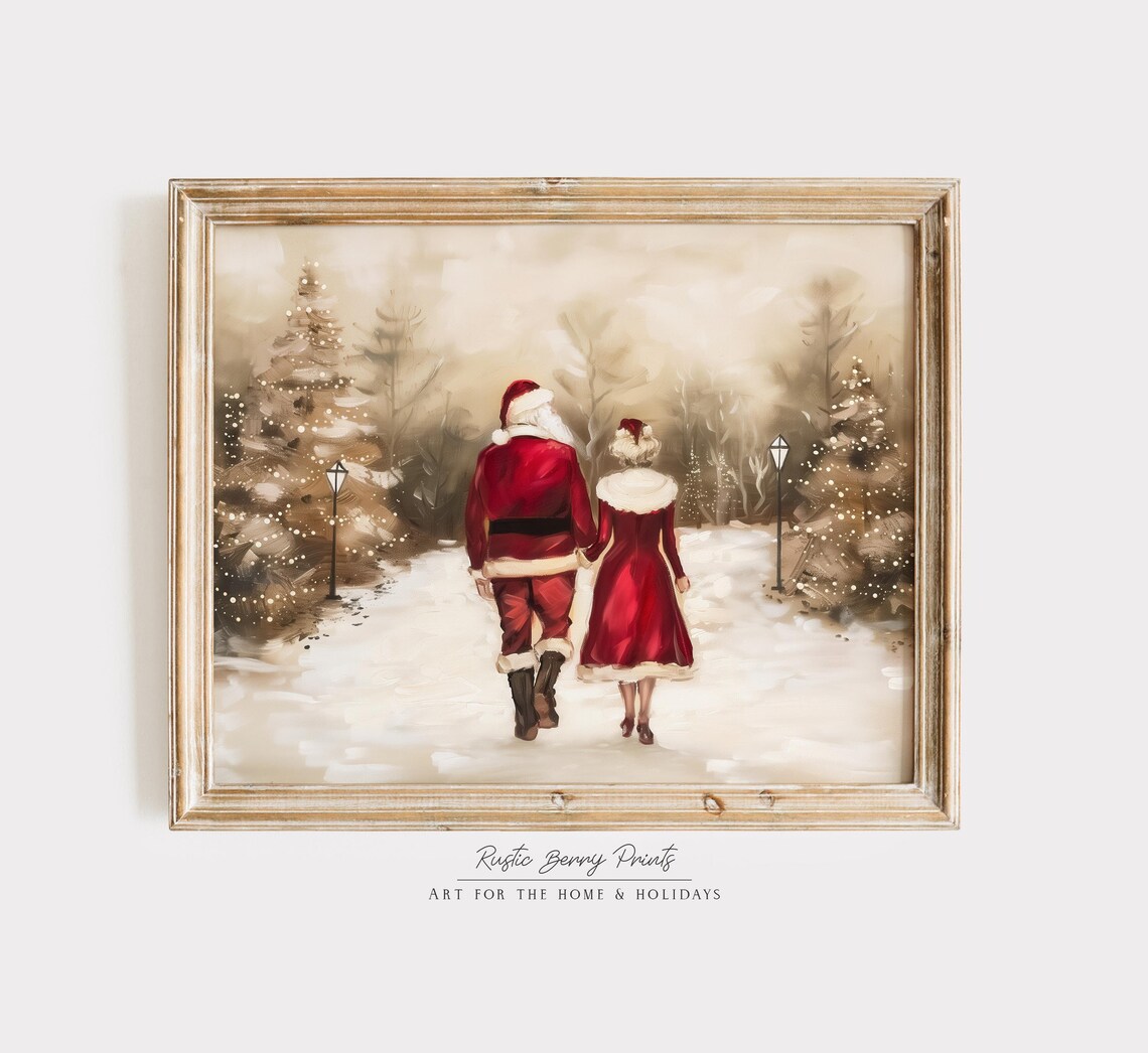 Santa Mrs Claus Strolling Snowy Grove Lamplit Trees Holiday Poster