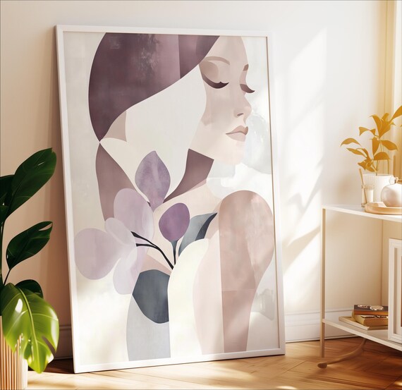 Floral Woman Portrait Print Minimalist Botanical Art Pastel Feminine Decor
