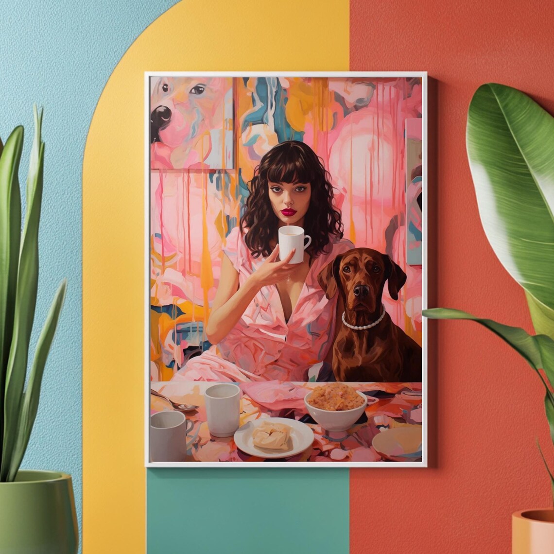 Woman Drinking Coffee With Dog Poster Maximalist Kitchen Decor Art