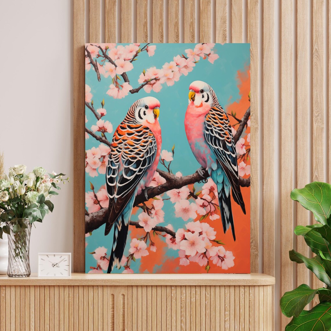 Two Pink Parakeets Perched on Cherry Blossom Branches Poster