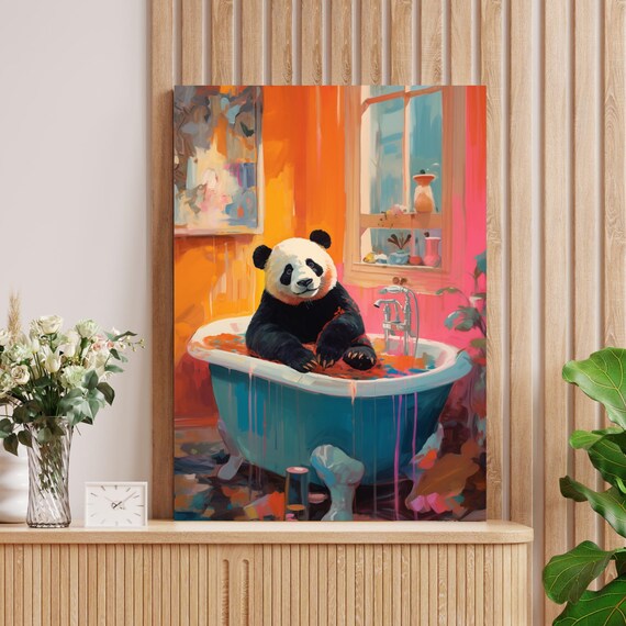 Cheeky Panda Relaxing In A Teal Bathtub In A Colorful Bathroom Poster
