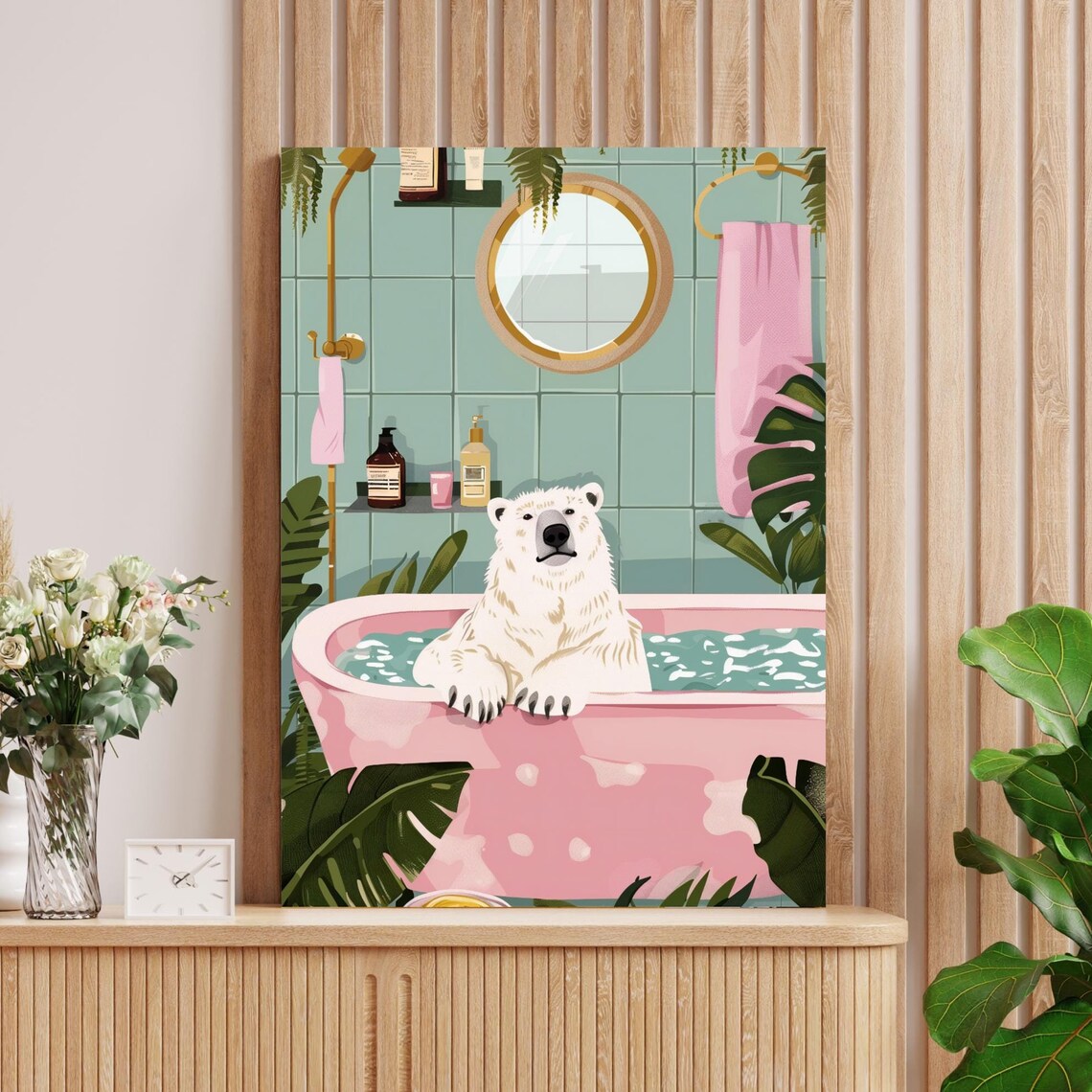 Polar Bear Soaking in a Pink Clawfoot Bathtub Poster for Bathroom - Image 3