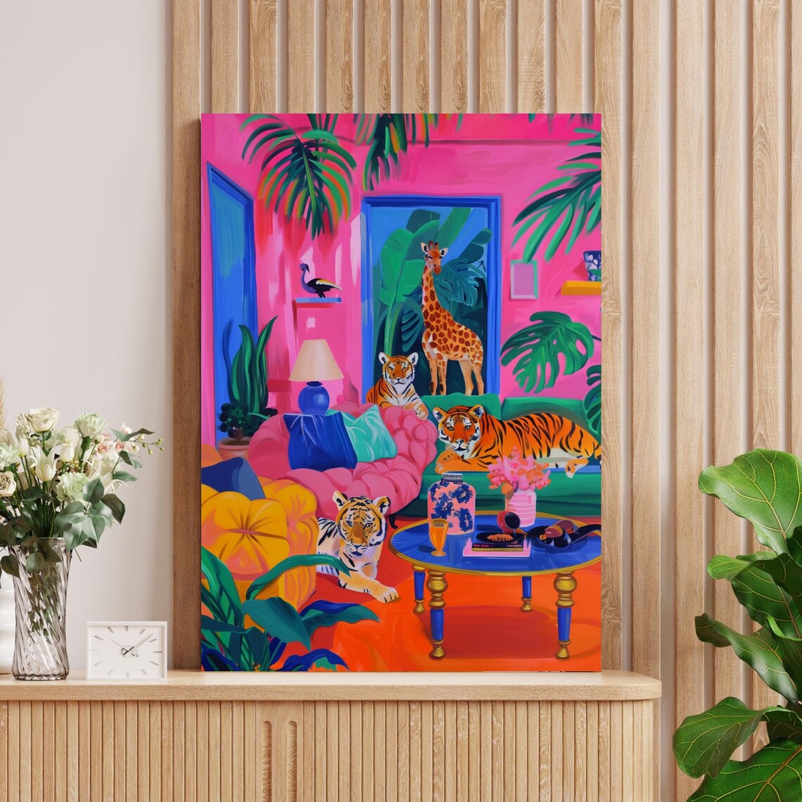 Tigers and Giraffe Lounging in a Hot Pink Jungle Living Room Poster - Image 3