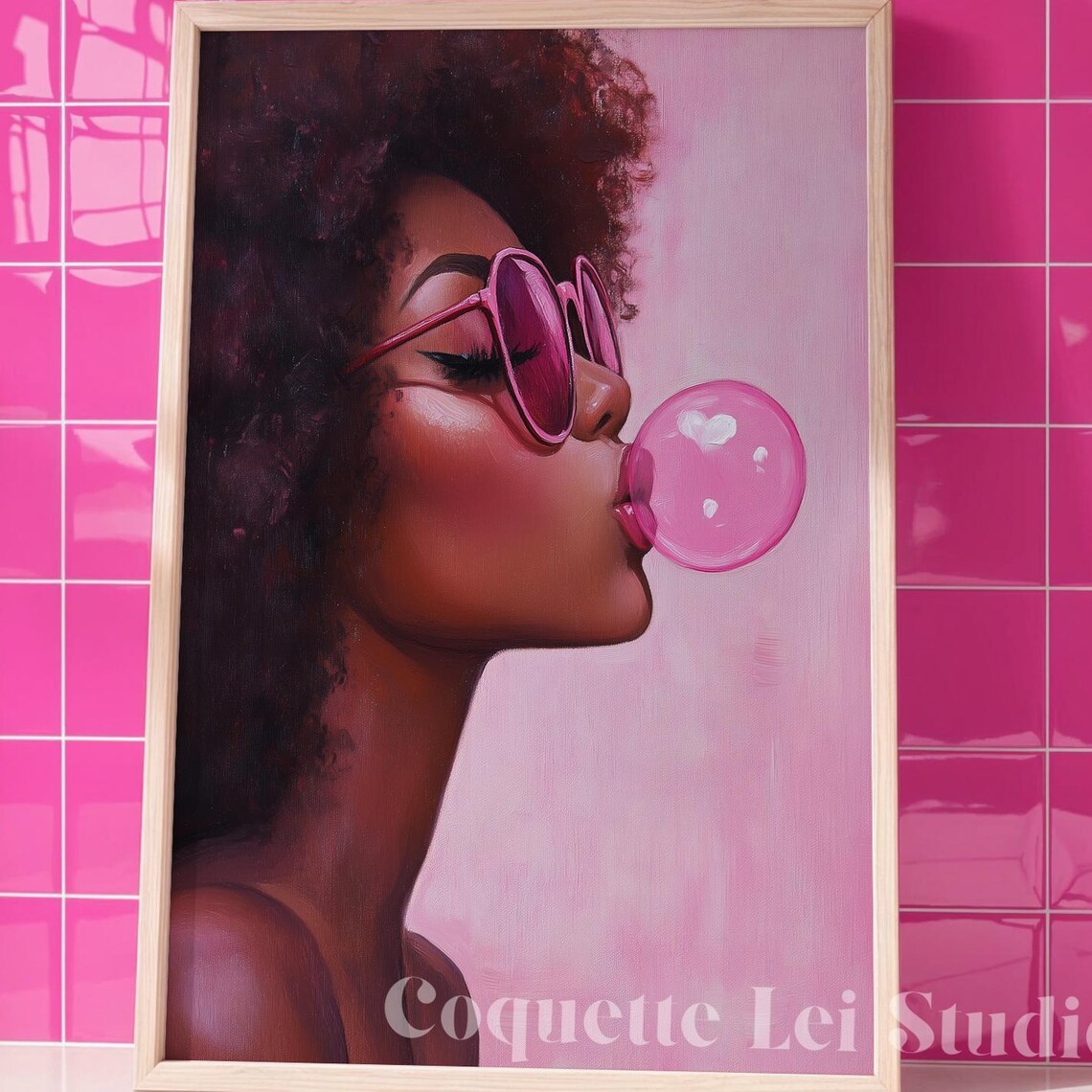 Black Girl Bubblegum Portrait Art Print, Coquette Glam