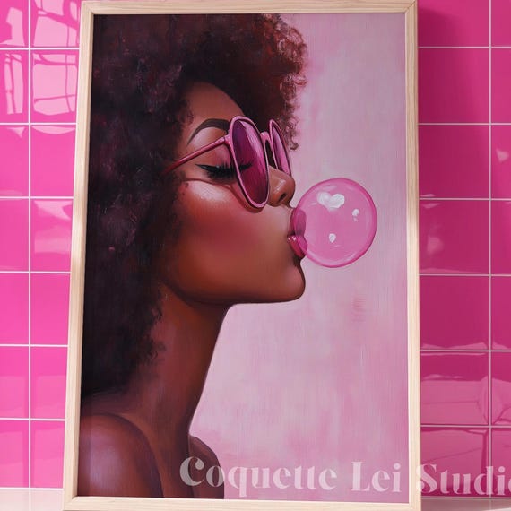 Black Girl Bubblegum Portrait Art Print, Coquette Glam