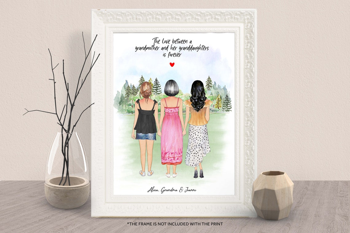 Custom Grandmother And Granddaughters Print Illustration Gift Grandma Nana Gigi Christmas Gift Grandparents And Grandchildren Wall Art Xmas