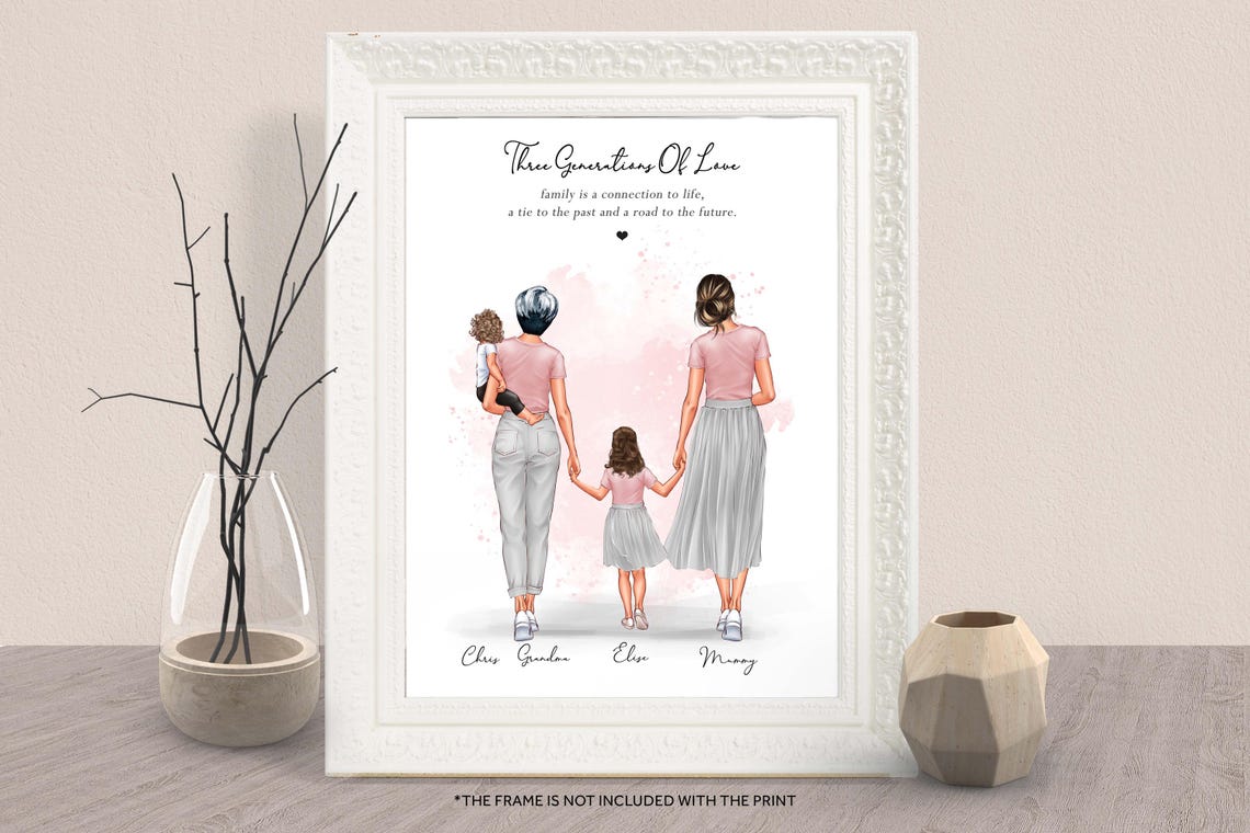 Three Generations Print Mothers Day Gift Grandma Mom Kids Portrait Art