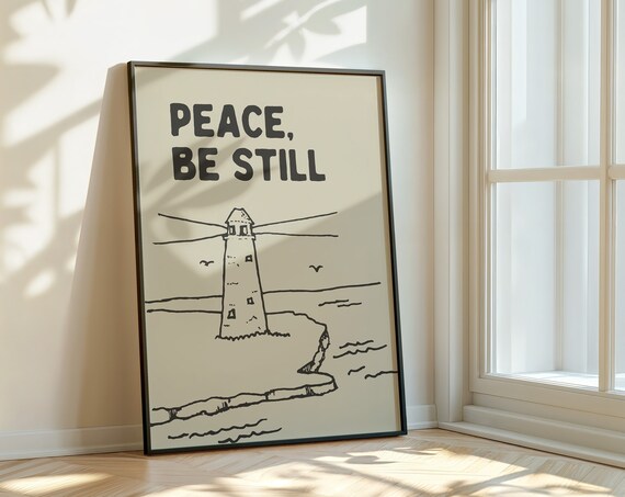 Peace Be Still Black Sketch Lighthouse Neutral Coastal Poster Art
