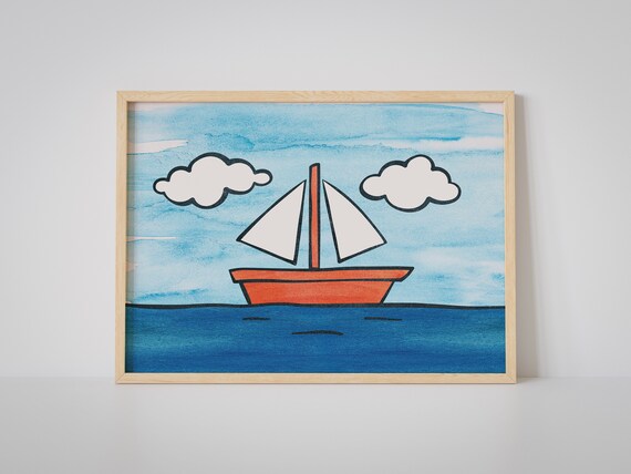 Cute Orange Cartoon Sailboat Sailing Blue Waves Kids Bathroom Poster