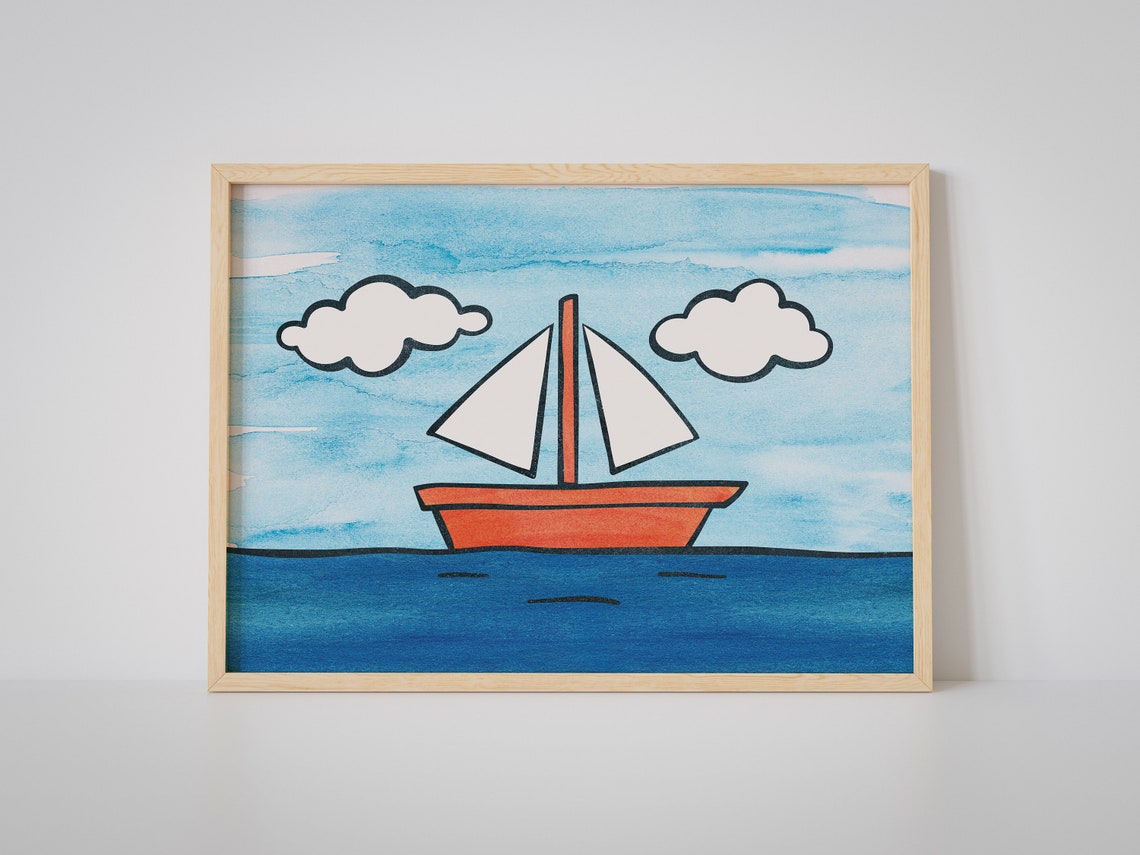 Cute Orange Cartoon Sailboat Sailing Blue Waves Kids Bathroom Poster