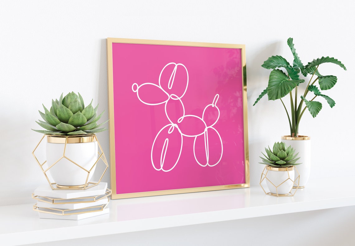 Hot Pink Balloon Dog White Outline Line Modern Pop Art Poster - Image 3