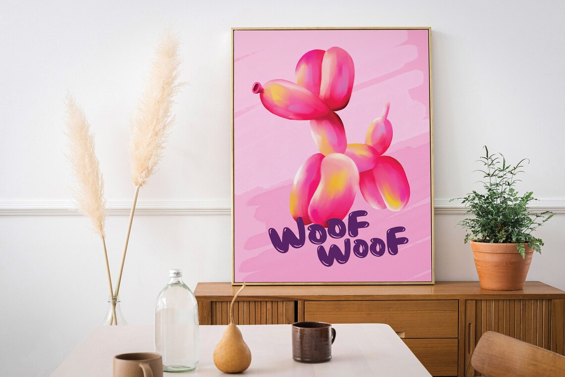 Pink Balloon Dog Woof Woof Poster Fun Kids Room Pop Art Decor - Image 3