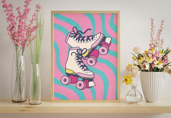 Rainbow Wall Art Print Girls Room Decor Colorful Wall Art Dorm Room Decor Teal Blue And Pink Rolling Skates Poster Print