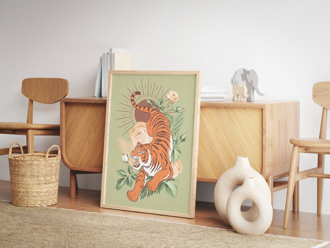 Sage Green Tiger Wall Art Aesthetic Room Decor Boho Trendy Wall Art Print Bohemian Tropical Wall Art Modern Room Decor - Image 2