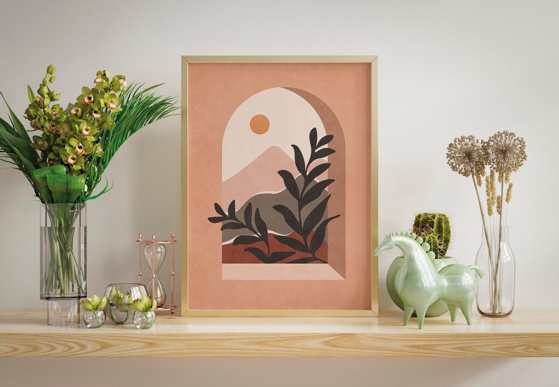 Terracotta Boho Arch With Dark Tropical Leaves Modern Art Print - Image 3