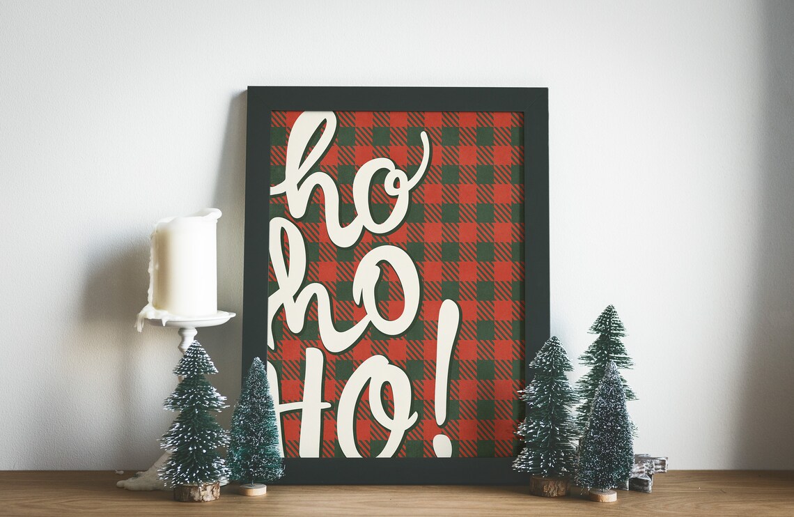 Festive Ho Ho Ho Script on Red and Green Buffalo Plaid Christmas Wall Art - Image 2