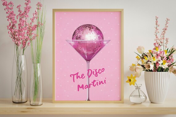 The Disco Martini Poster with Pink Cocktail Glass and Glitter Ball