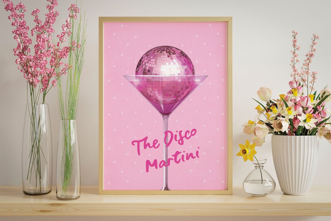 The Disco Martini Poster with Pink Cocktail Glass and Glitter Ball