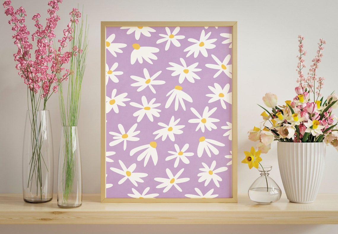 Cheerful White Daisy Flower Pattern on Lilac Retro Floral Wall Art