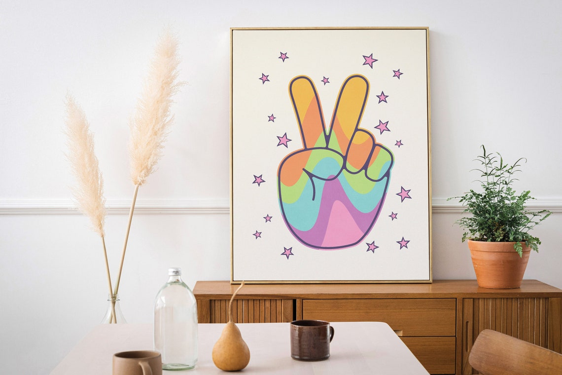 Rainbow Peace Sign Hand with Pink Stars Retro Indie Wall Art - Image 3