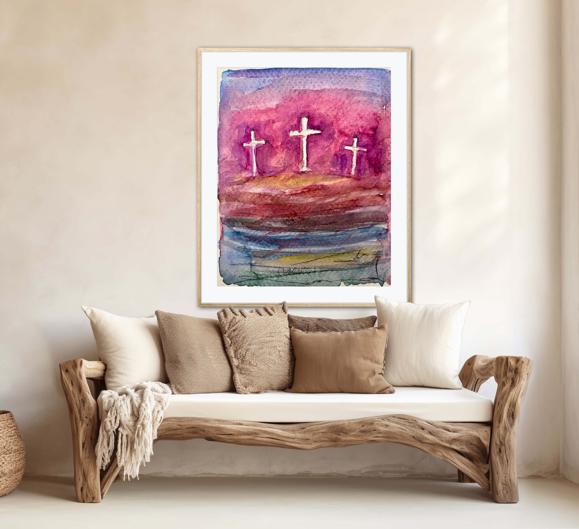 Old Rugged Easter Crimson Colored Cross Watercolor Christian Bible Art Abstract Instant - Image 3