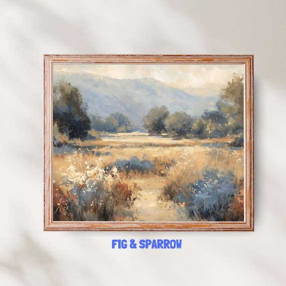 Golden Wildflower Meadow Mountain Valley Vintage Landscape Print