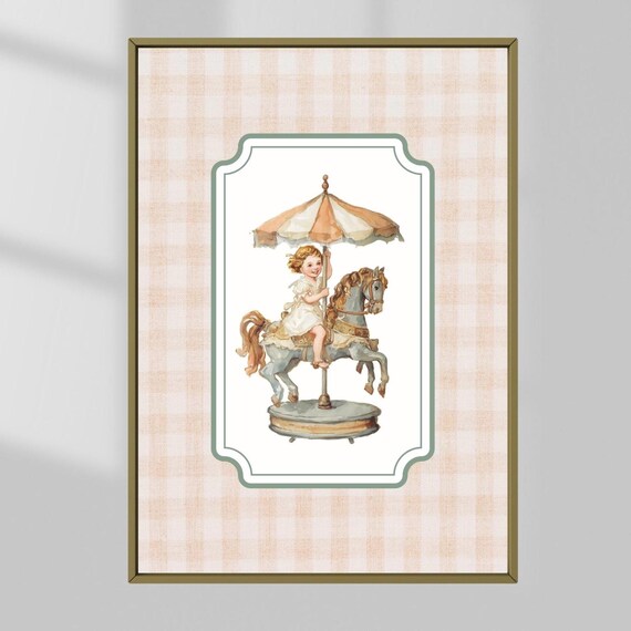 Little Girl on Carousel Horse Vintage Nursery Kids Room Art Poster