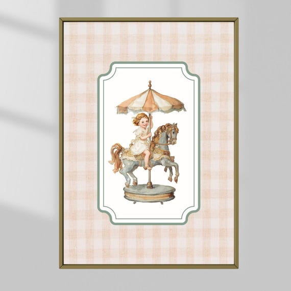 Vintage Carousel Horse Art Print Blush Gingham Nursery Decor