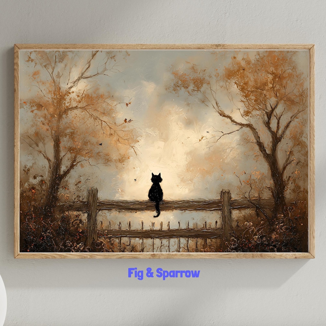 Black Cat Autumn Landscape Art Print, Rustic Farmhouse