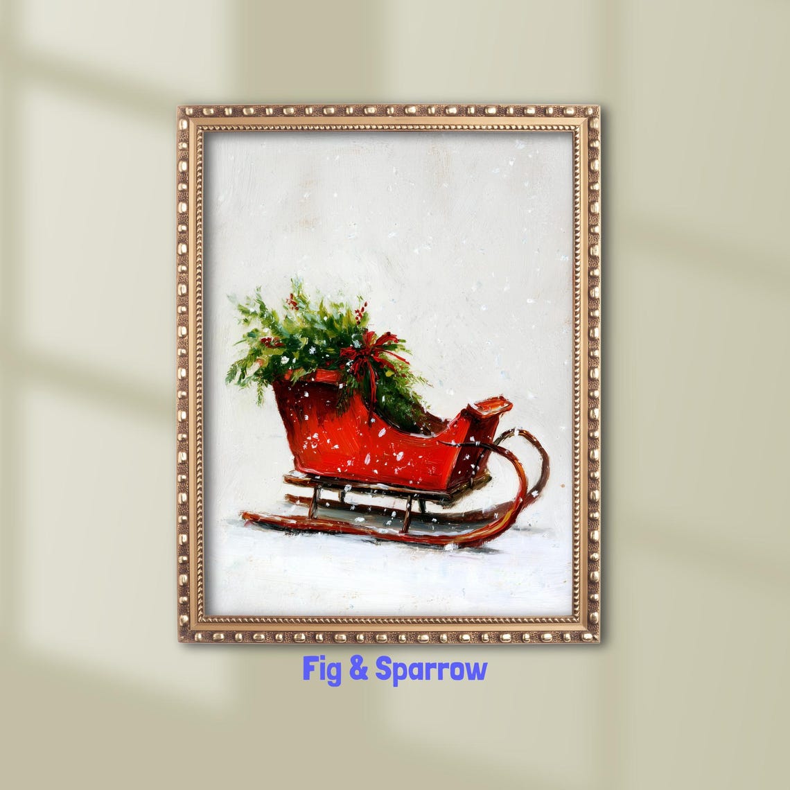 Red Christmas Sleigh Painting Holiday Greenery Snow Winter Farmhouse Poster