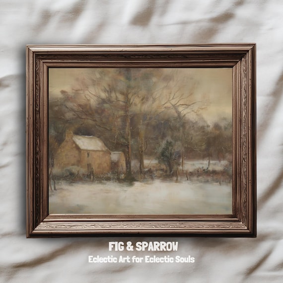 Snowy Stone Cottage Vintage Winter Woodland Landscape Wall Art