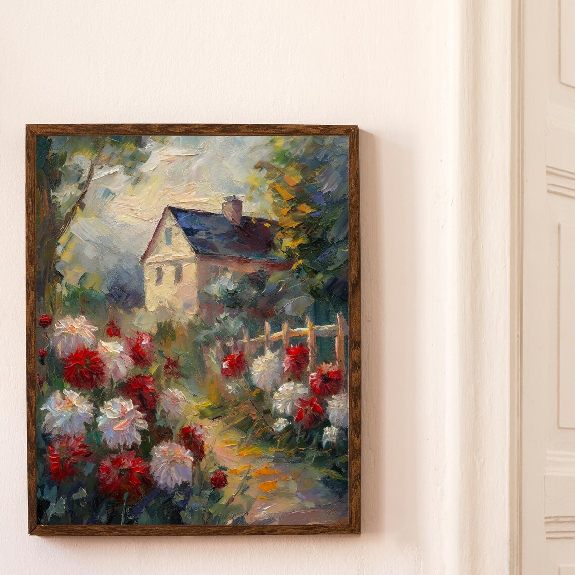 Vintage Cottage Garden Dahlia Painting Red White Flowers Farmhouse Wall Art