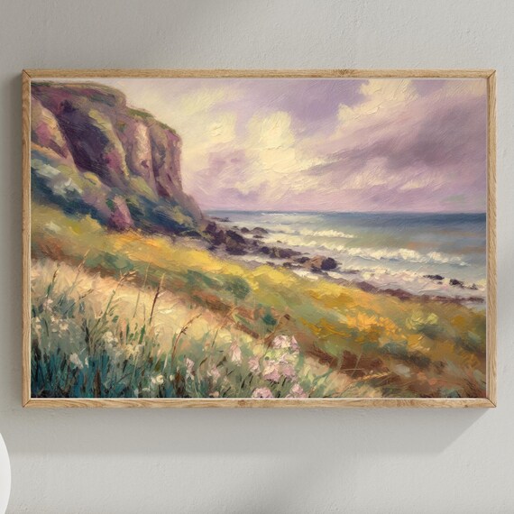 Impressionist Coastal Cliffs Sunset Ocean Landscape Oil Painting Poster