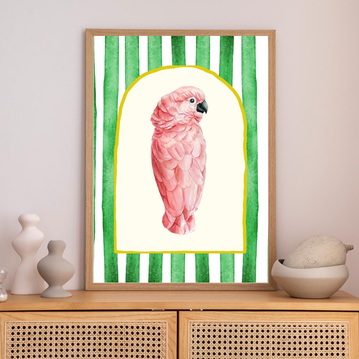 Pink Parrot Tropical Art Print, Palm Beach Decor