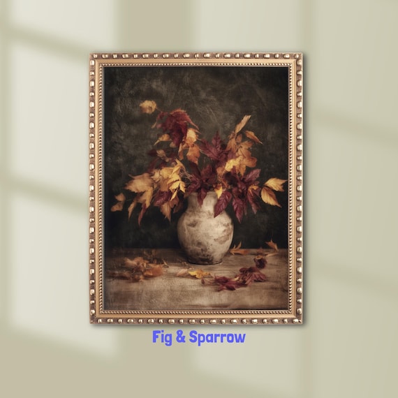 Rustic Autumn Leaves Still Life Fall Vase Wall Art Vintage Harvest Decor